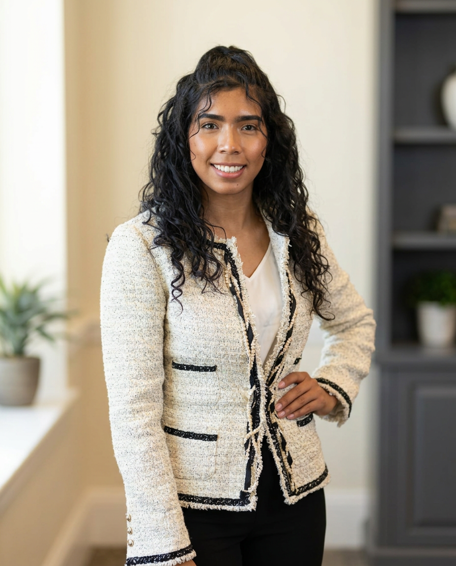 Veronica Calles, bilingual Nevada notary public and owner of Calles Notary, at her desk with a notary stamp and documents
