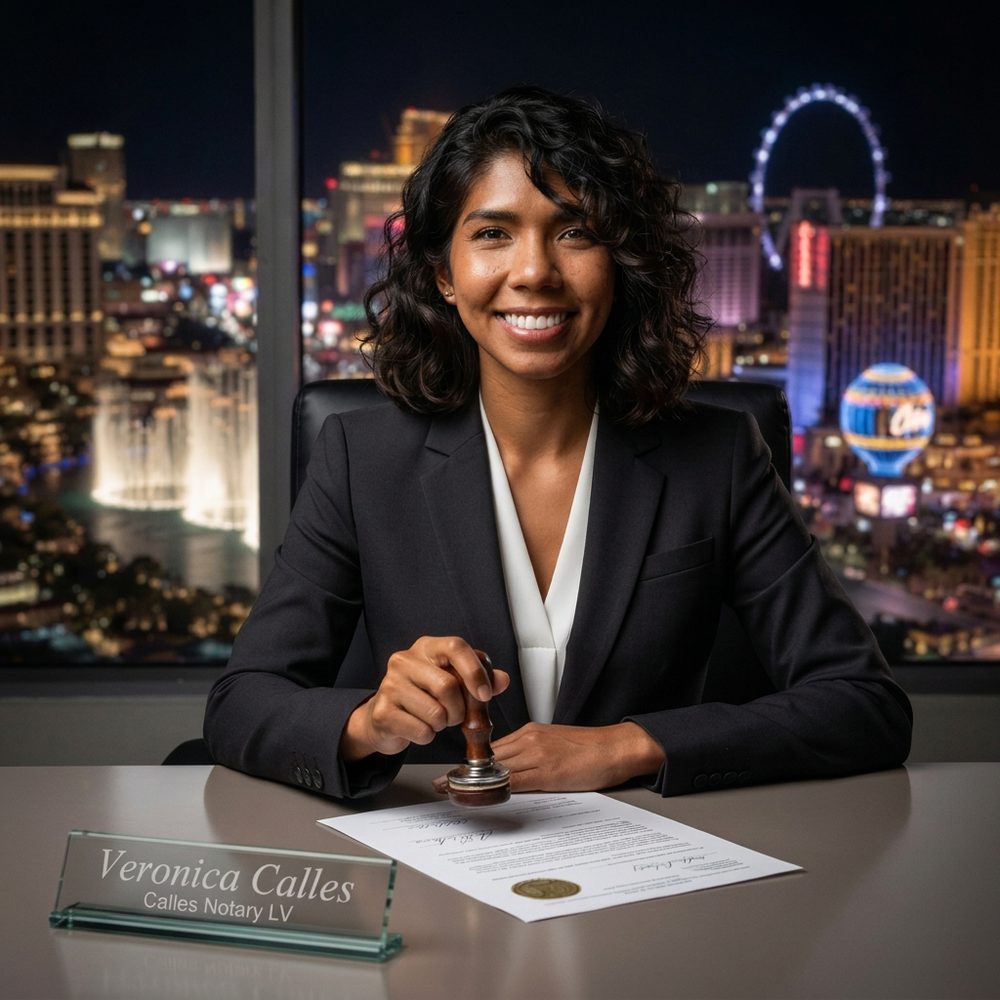 Veronica Calles, bilingual Nevada notary public and owner of Calles Notary LV, at her desk with a notary stamp and documents